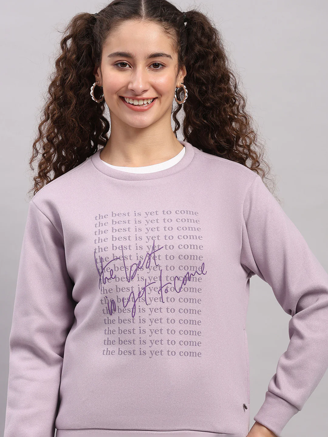 Women Purple Printed Round Neck Full Sleeve Sweatshirt - Image 7