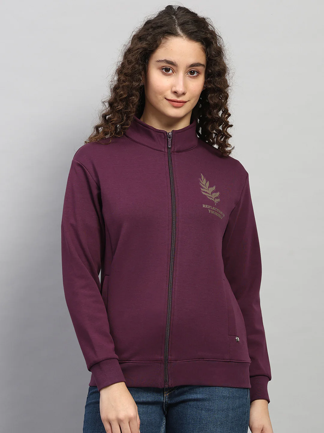 Women Purple Printed Round Neck Full Sleeve Sweatshirt
