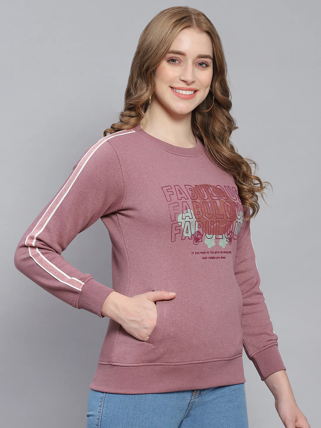 Women Purple Printed Round Neck Full Sleeve Sweatshirts - Image 4