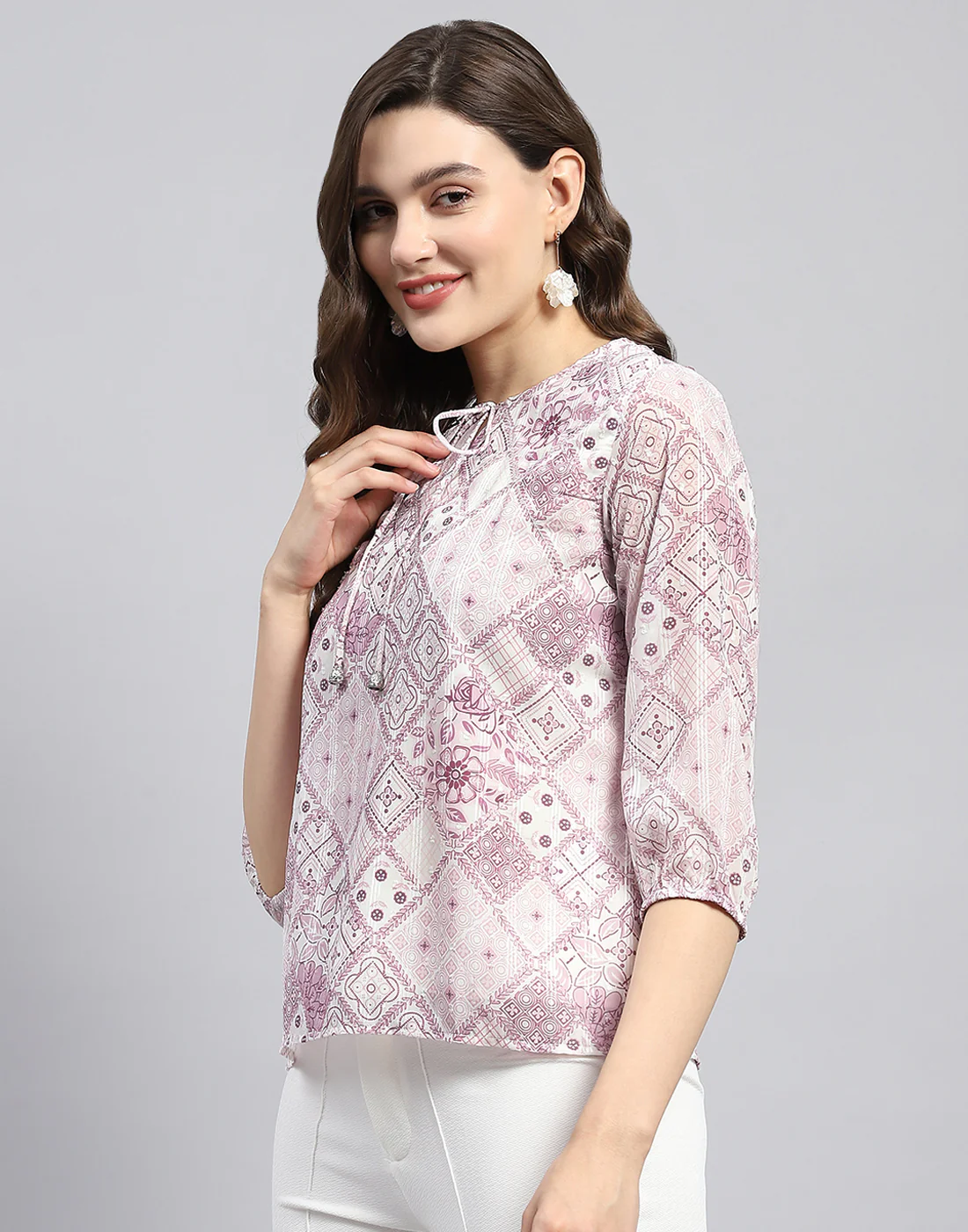 Women Purple Printed Round Neck Full Sleeve Top - Image 3