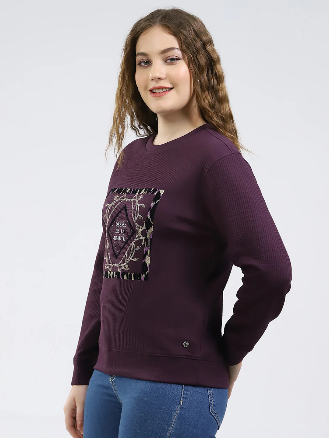 Women Purple Printed Round Neck Full Sleeve Winter Top - Image 3