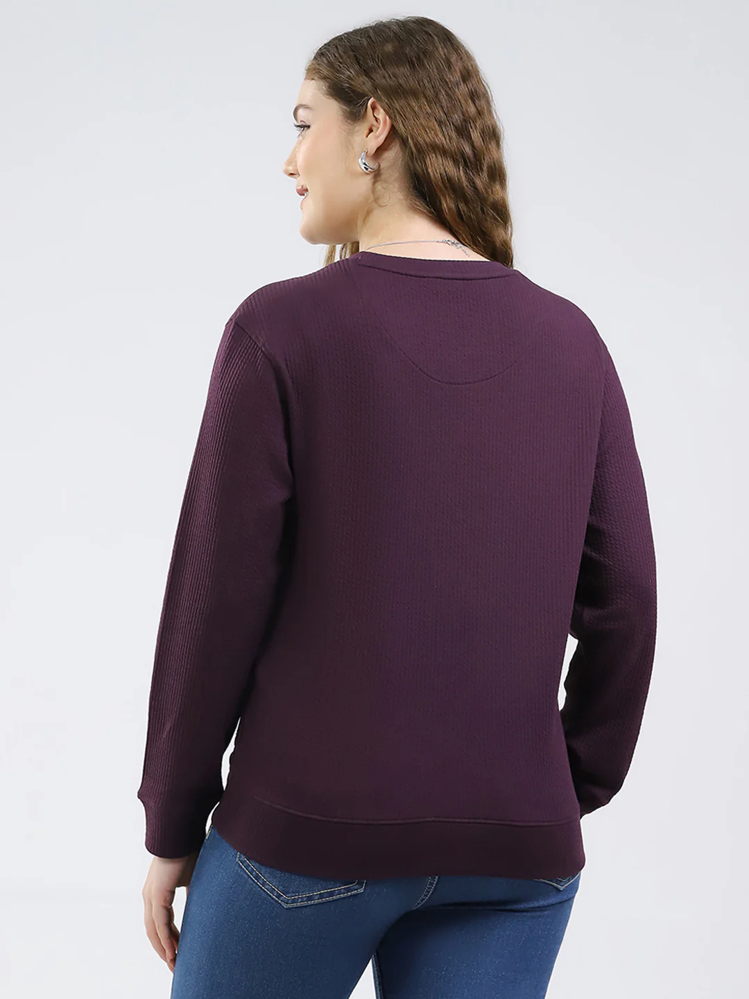 Women Purple Printed Round Neck Full Sleeve Winter Top - Image 5