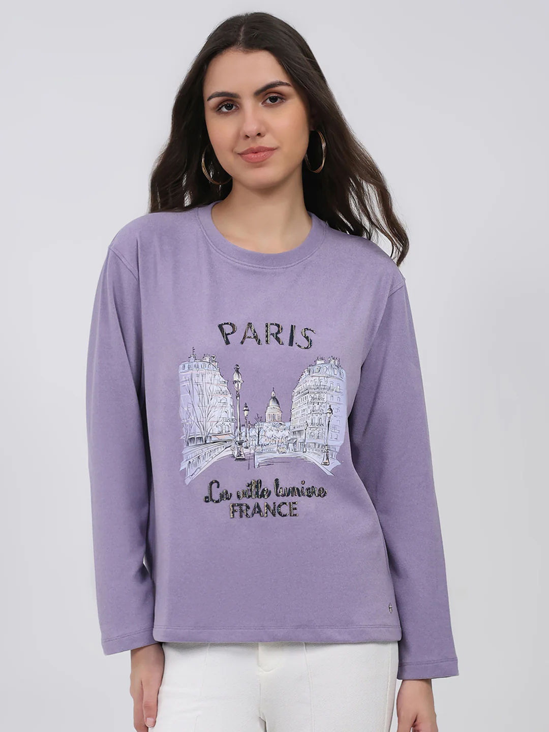 Women Purple Printed Round Neck Full Sleeve Winter Top