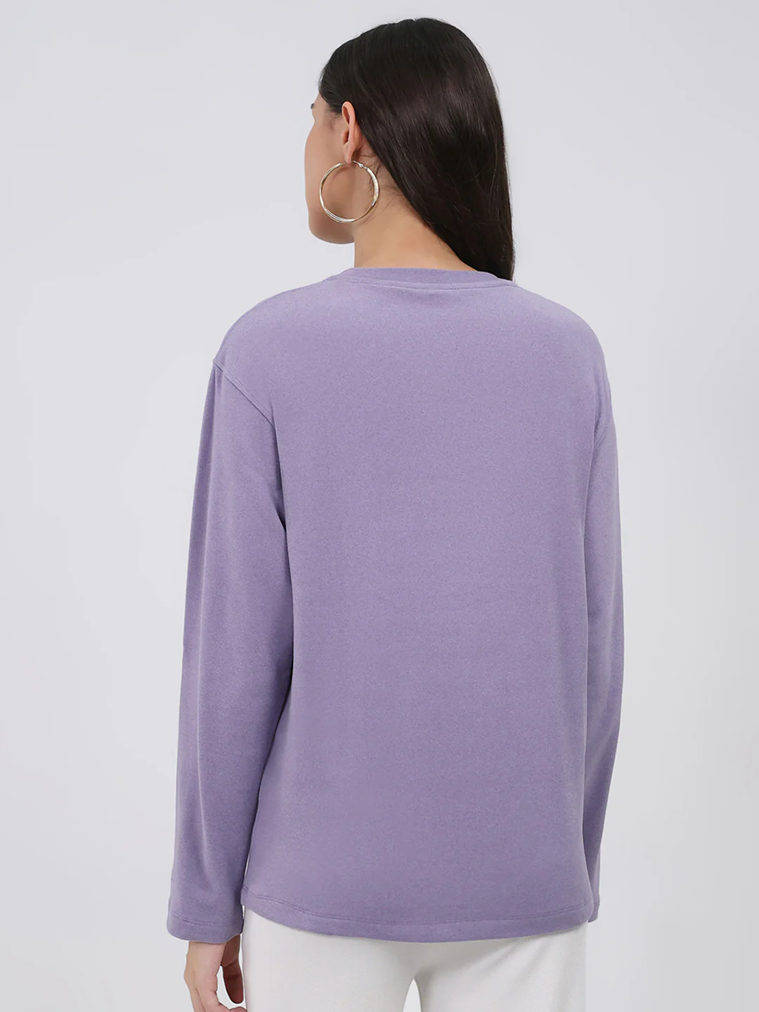 Women Purple Printed Round Neck Full Sleeve Winter Top - Image 5