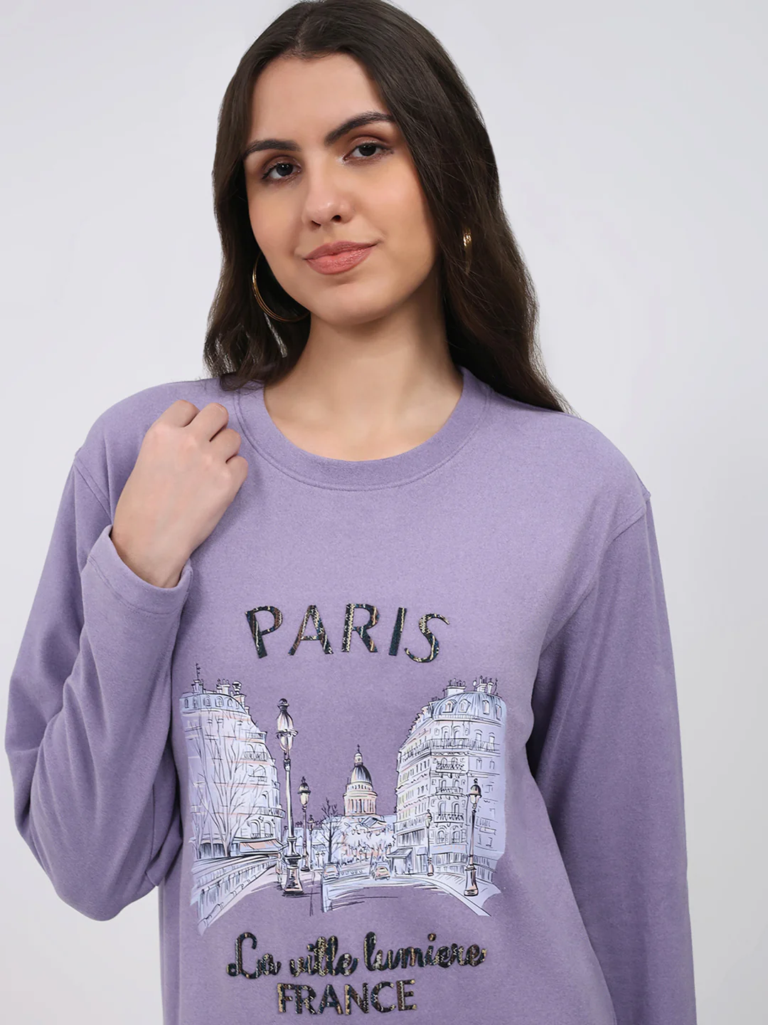 Women Purple Printed Round Neck Full Sleeve Winter Top - Image 6