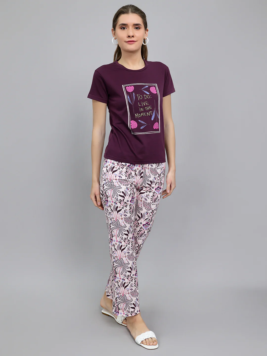 Women Purple Printed Round Neck Half Sleeve Lower Set - Image 3