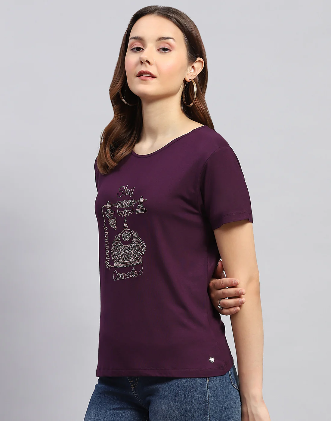 Women Purple Printed Round Neck Half Sleeve Top - Image 3