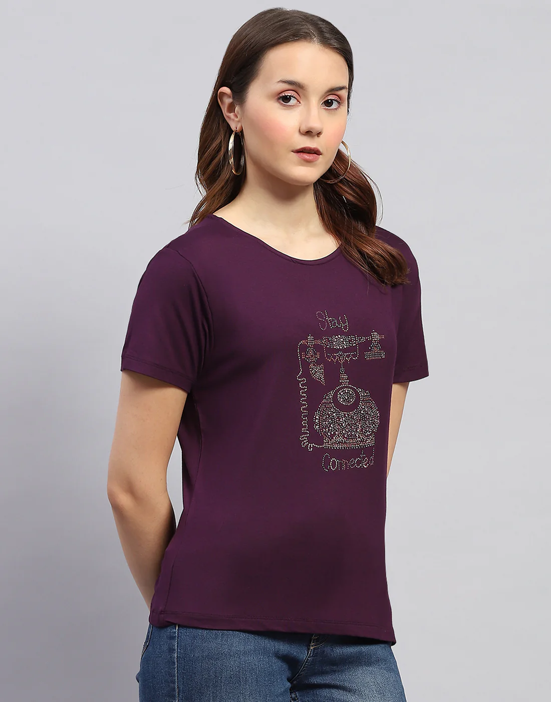 Women Purple Printed Round Neck Half Sleeve Top - Image 4