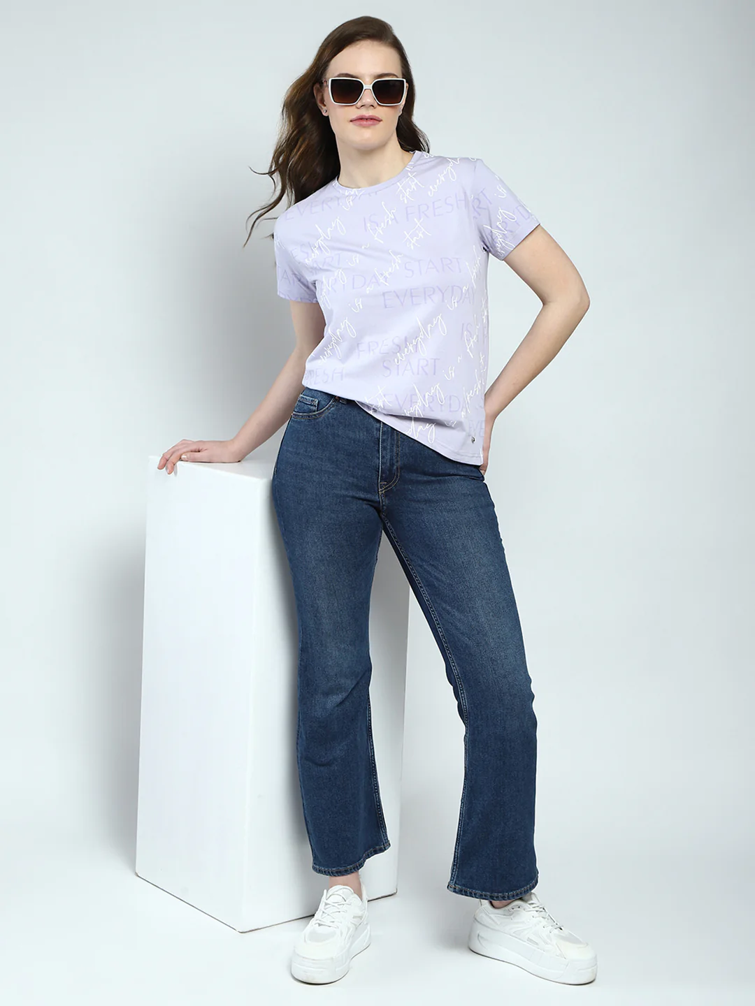 Women Purple Printed Round Neck Half Sleeve Top - Image 2