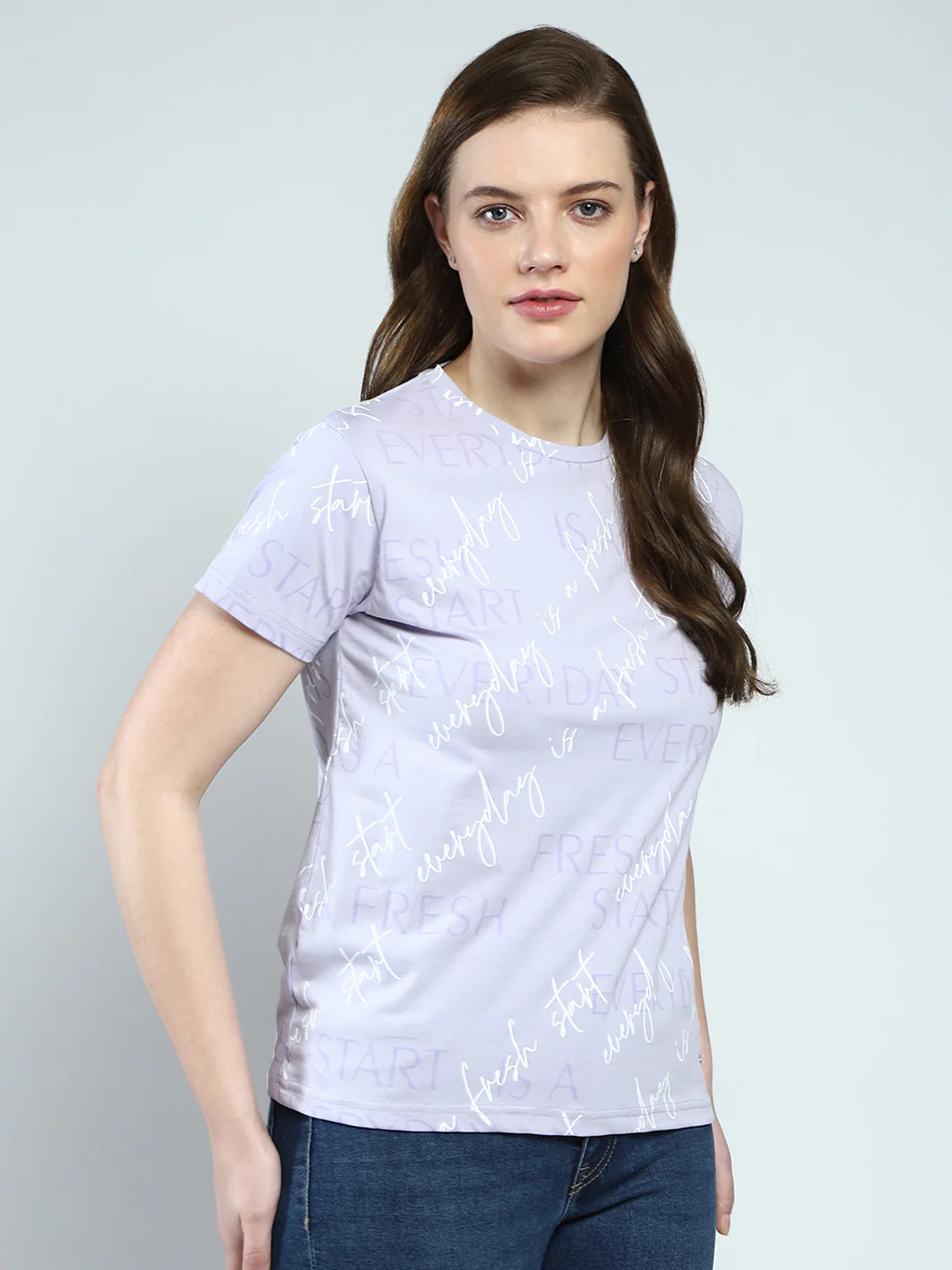 Women Purple Printed Round Neck Half Sleeve Top - Image 4