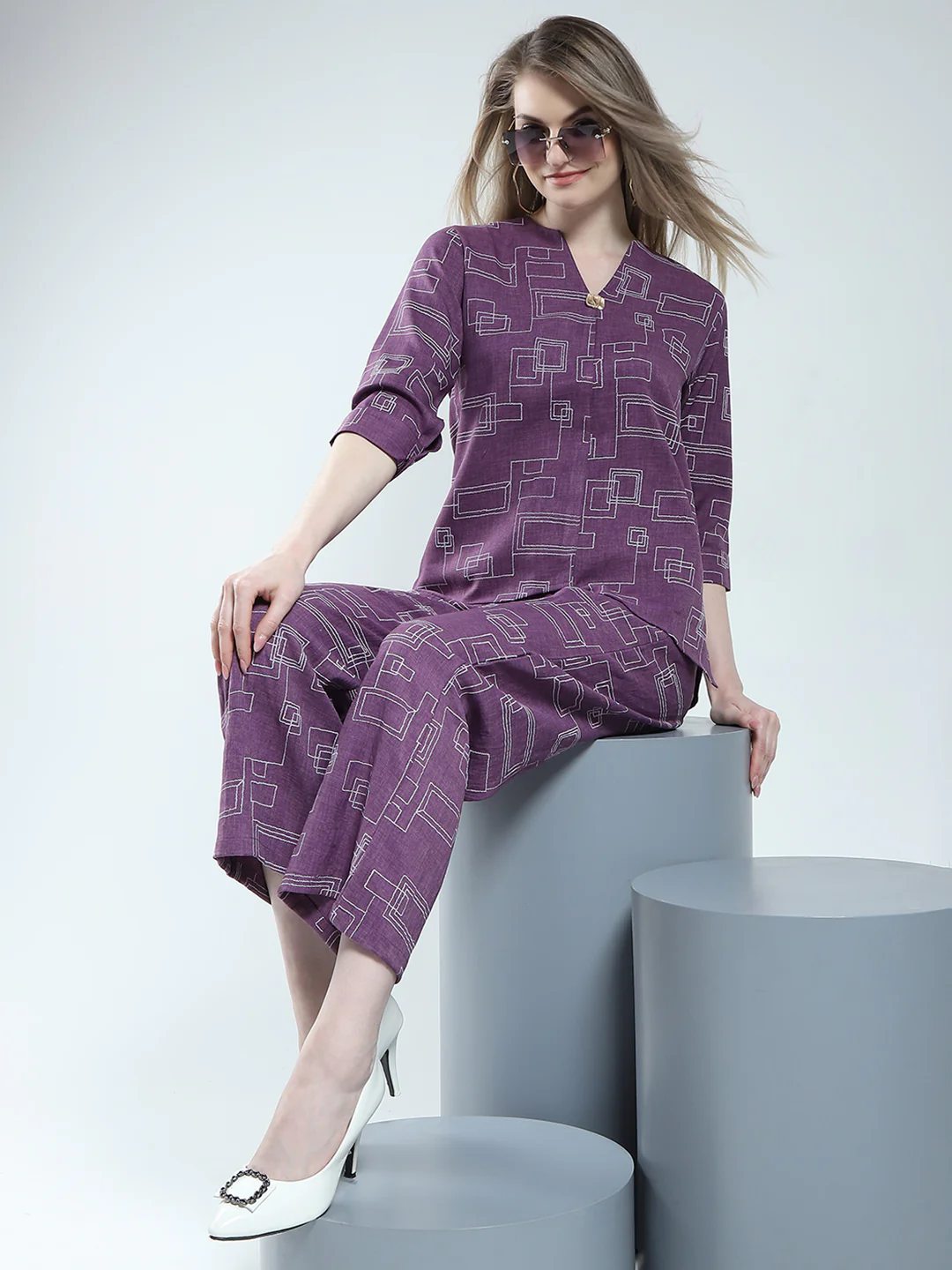 Women Purple Printed Round Neck 3/4th Sleeve Cords Set - Image 3