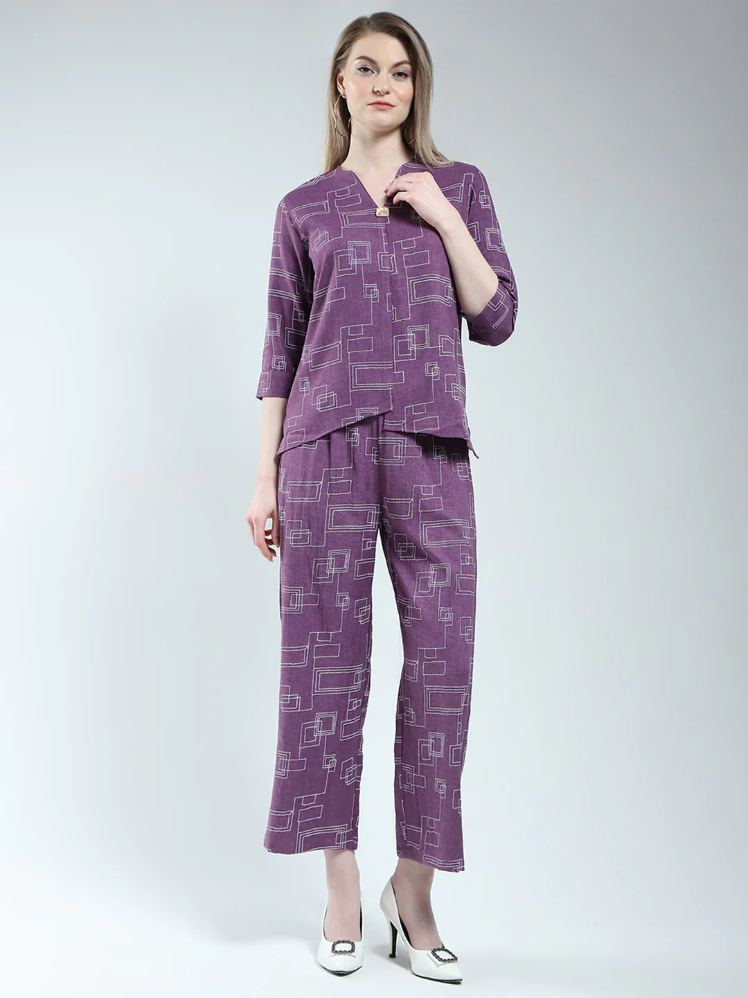 Women Purple Printed Round Neck 3/4th Sleeve Cords Set - Image 4