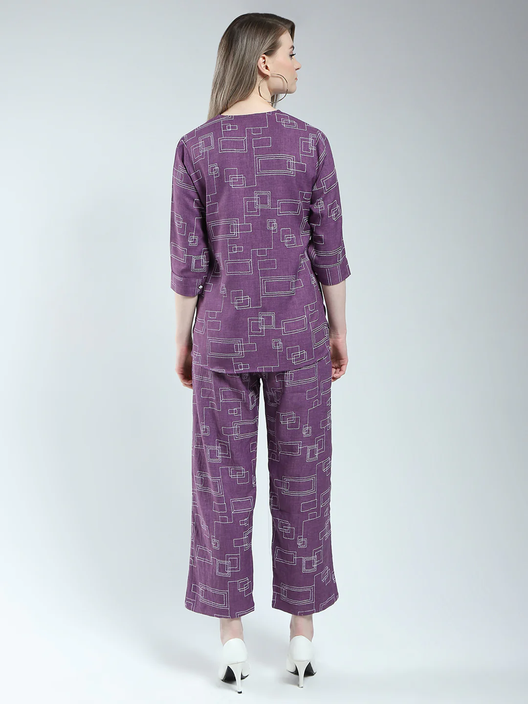 Women Purple Printed Round Neck 3/4th Sleeve Cords Set - Image 6