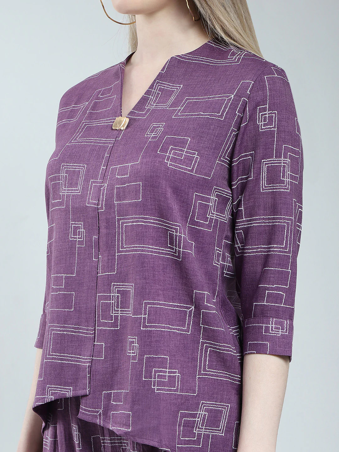 Women Purple Printed Round Neck 3/4th Sleeve Cords Set - Image 8