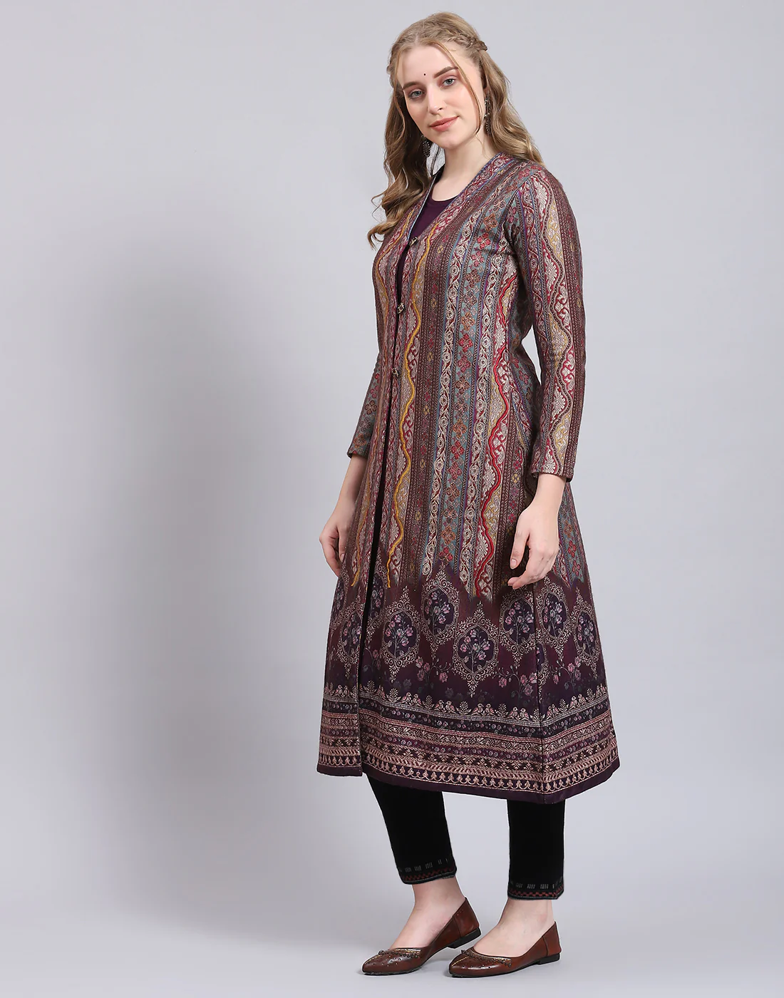 Women Purple Printed V Neck Full Sleeve Kurtis Set - Image 3