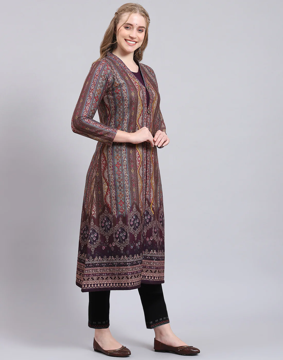 Women Purple Printed V Neck Full Sleeve Kurtis Set - Image 4