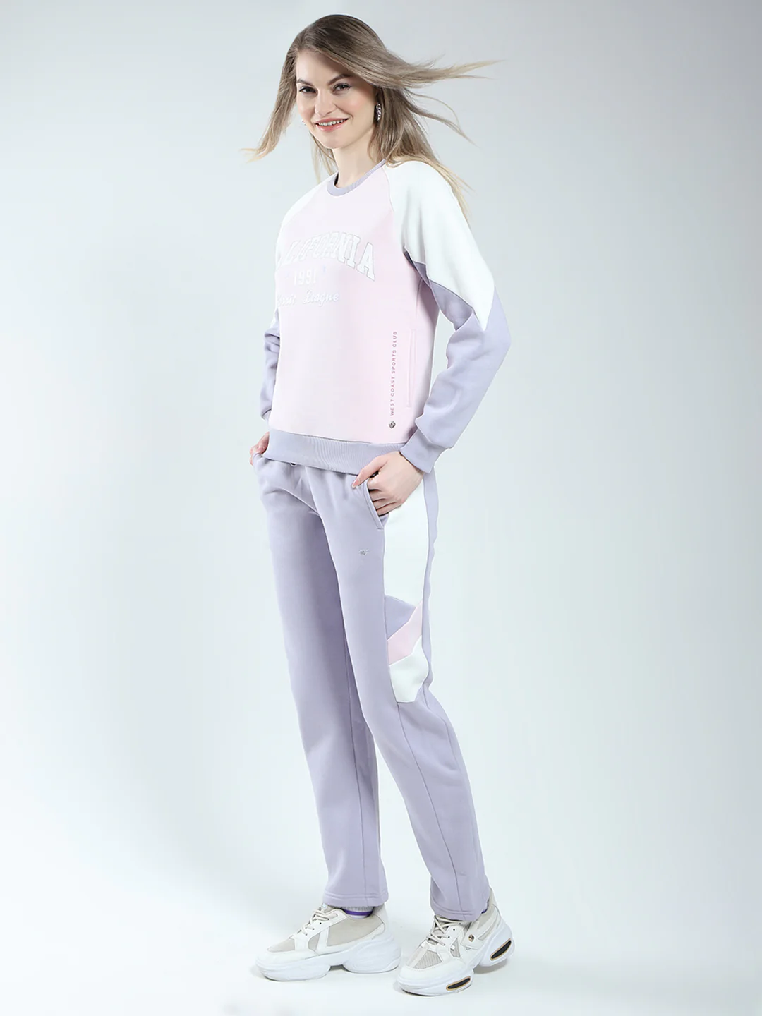 Women Purple Printed Round Neck Full Sleeve Winter Tracksuit - Image 3