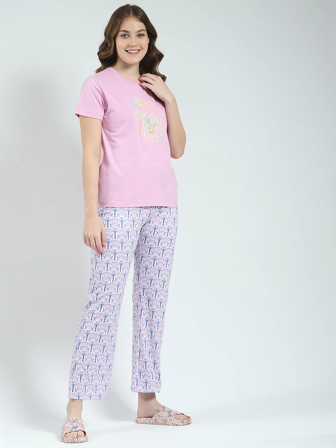 Women Purple Printed Round Neck Half Sleeve Lower Set - Image 4