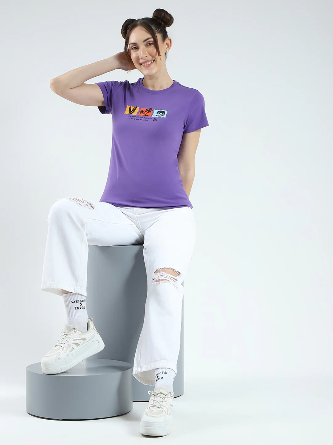 Rock.it Women Purple Printed Round Neck Half Sleeve Top - Image 2