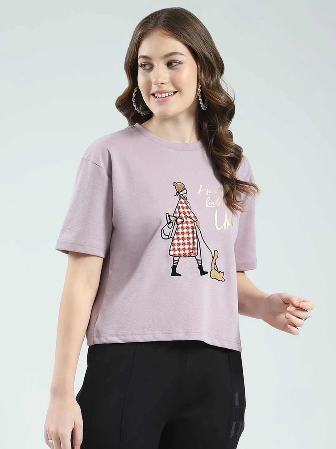 Women Purple Printed Round Neck Half Sleeve Top - Image 4