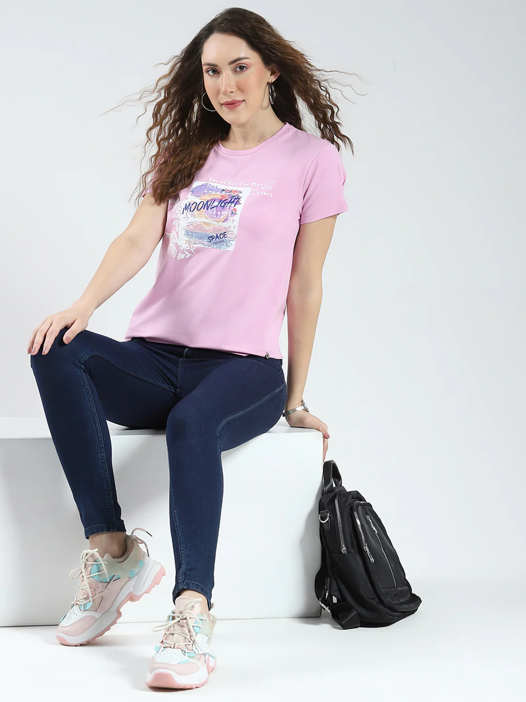 Women Purple Printed Round Neck Half Sleeve Top - Image 2
