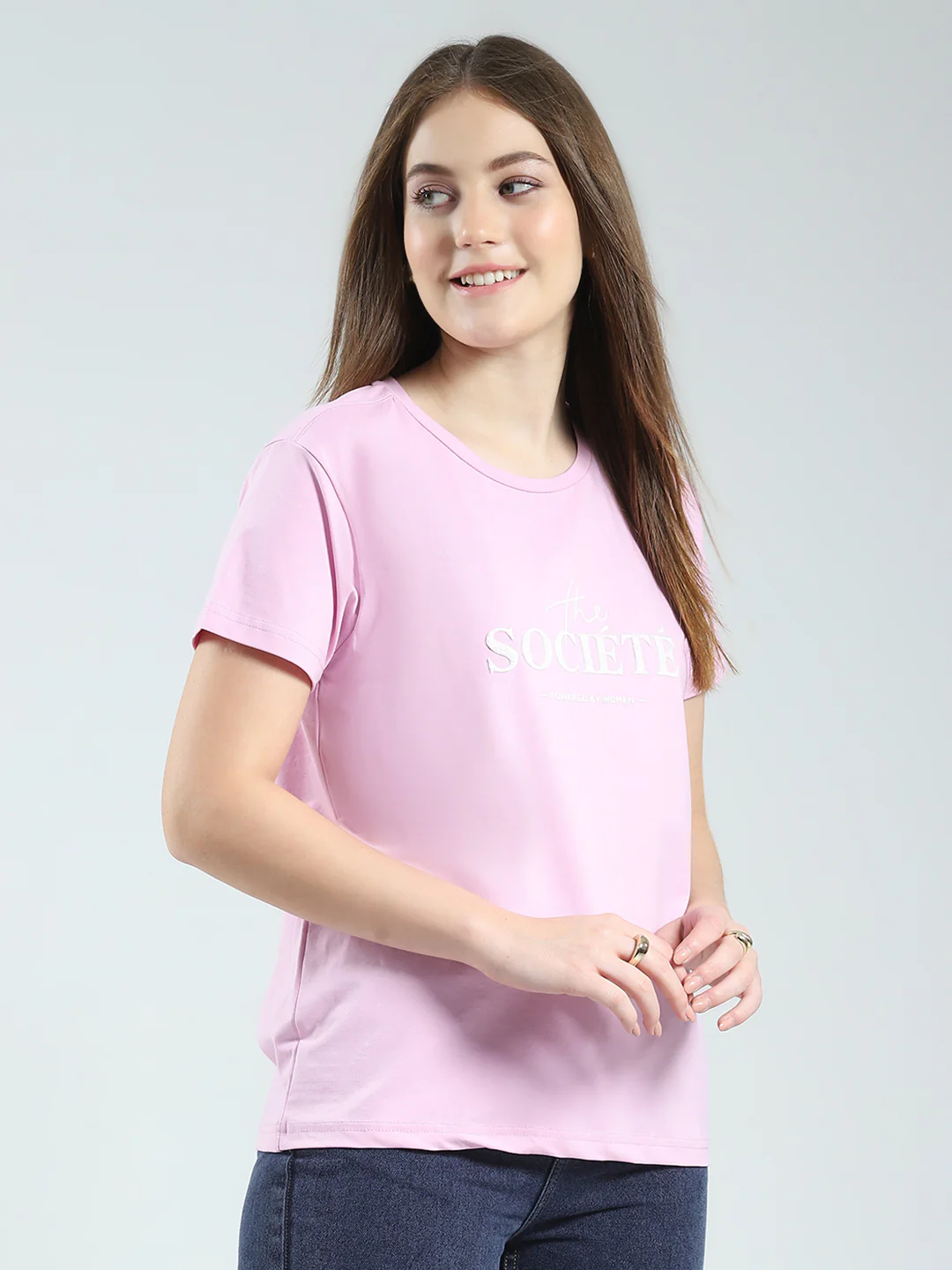 Women Purple Printed Round Neck Half Sleeve Top - Image 4