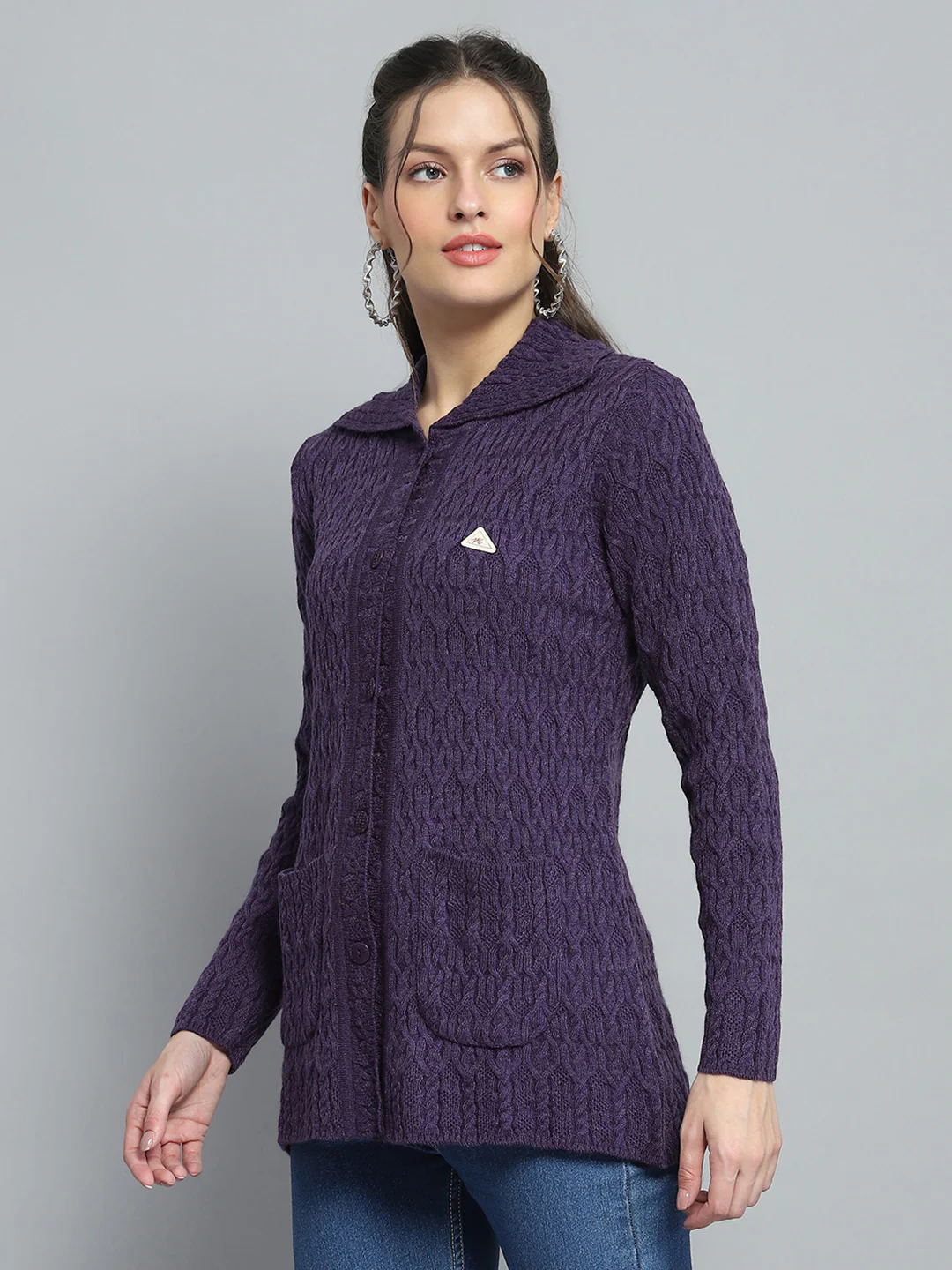 Women Purple Self Design Collar Full Sleeve Cardigan - Image 3