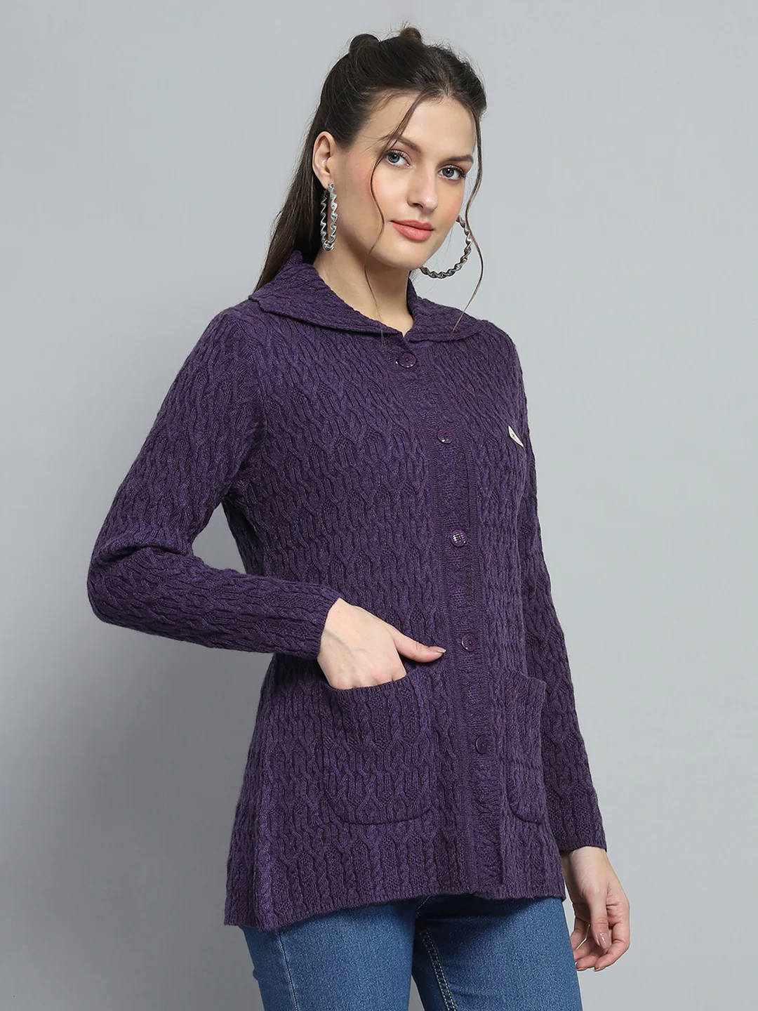 Women Purple Self Design Collar Full Sleeve Cardigan - Image 4