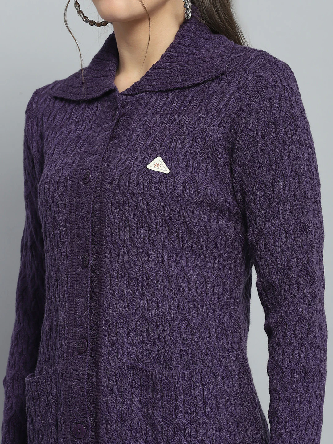Women Purple Self Design Collar Full Sleeve Cardigan - Image 6