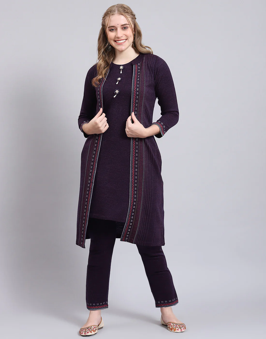Women Purple Self Design Collar Full Sleeve Kurtis Set - Image 2