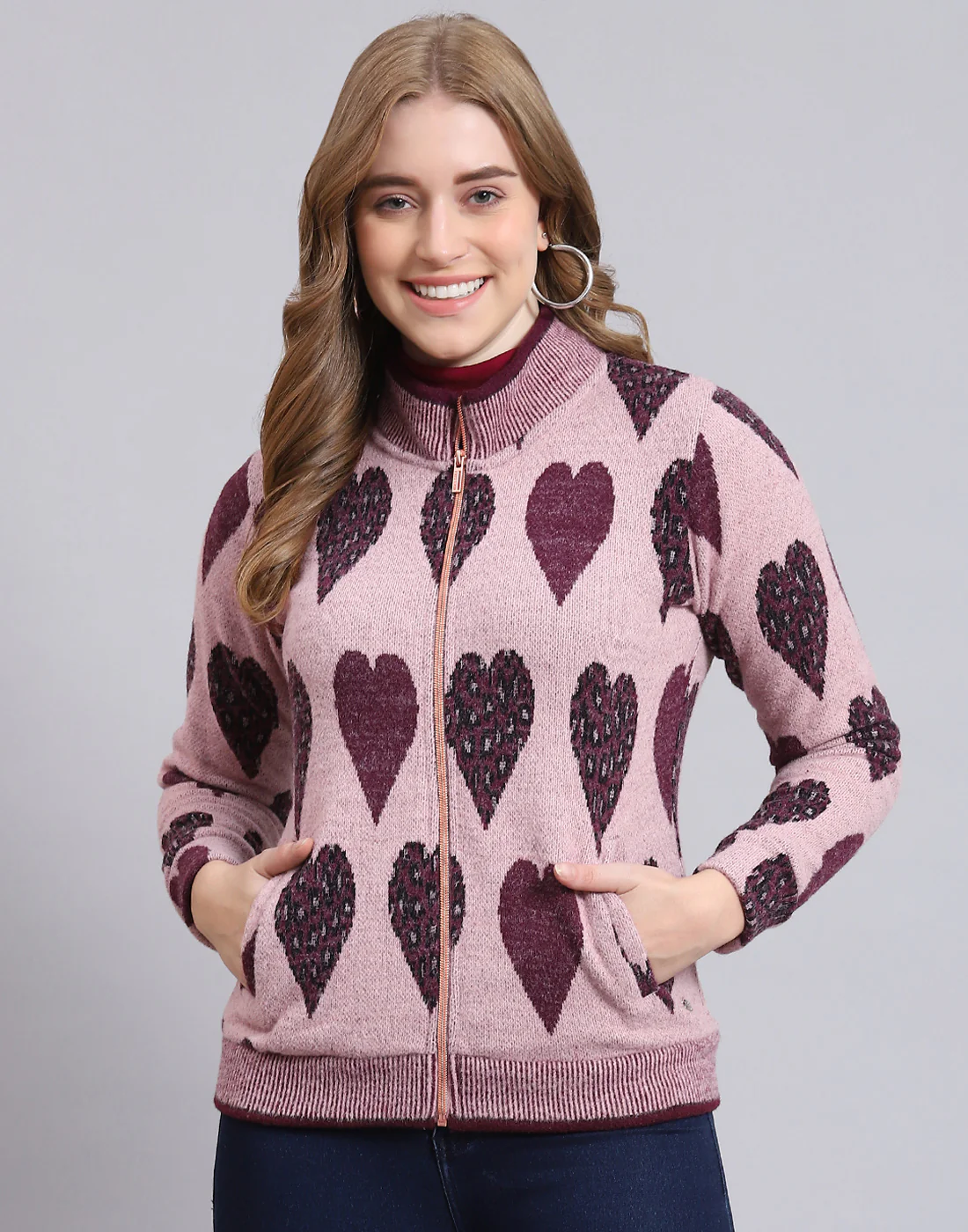 Women Purple Self Design F Neck Full Sleeve Sweatshirt - Image 2
