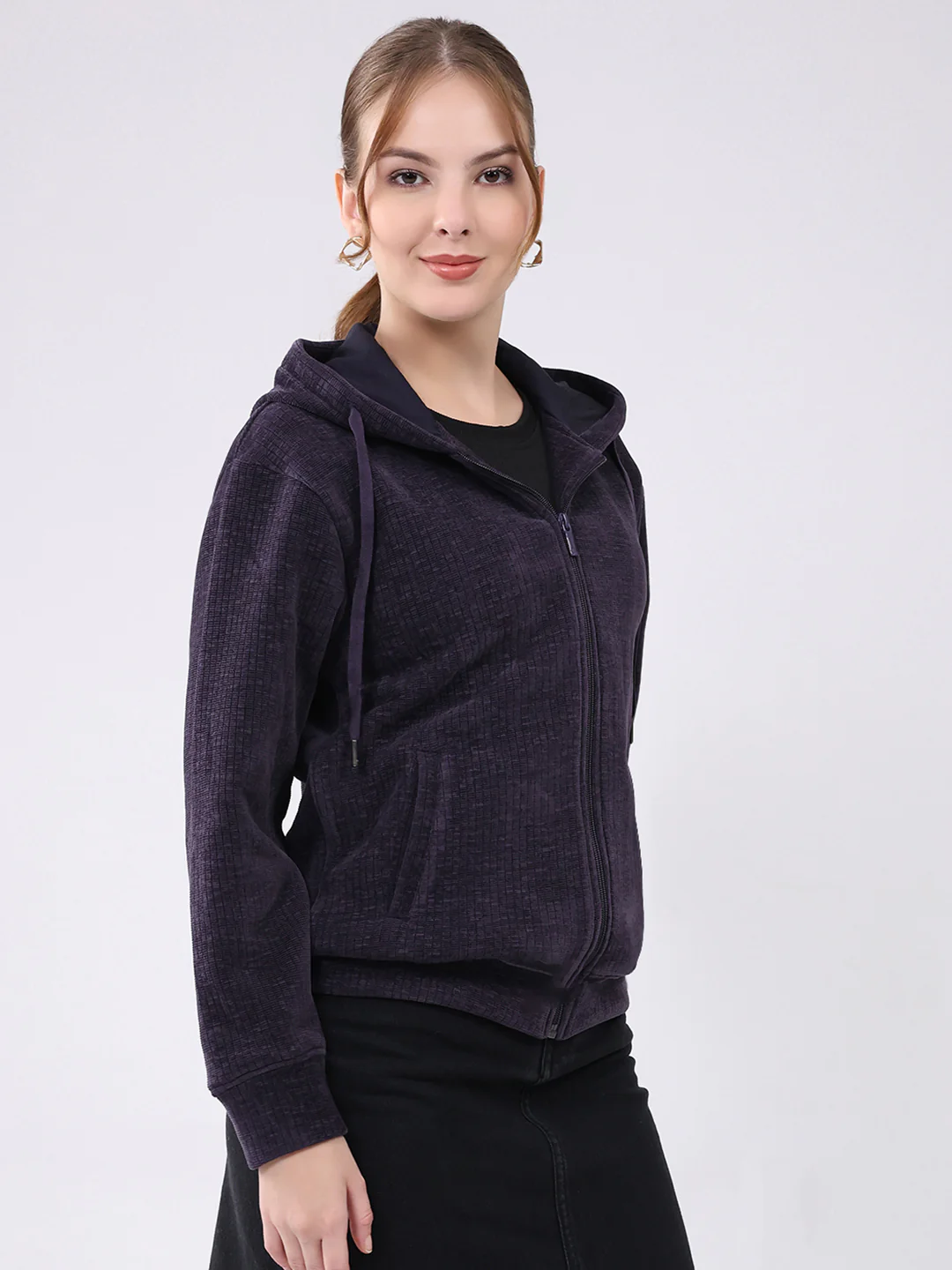 Women Purple Self Design Hooded Full Sleeve Sweatshirt - Image 4