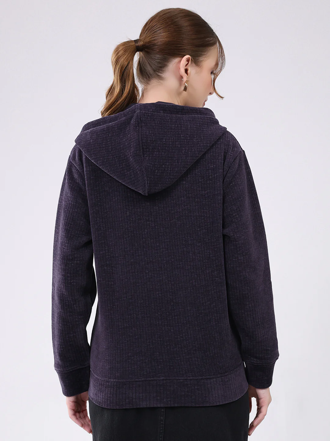 Women Purple Self Design Hooded Full Sleeve Sweatshirt - Image 5