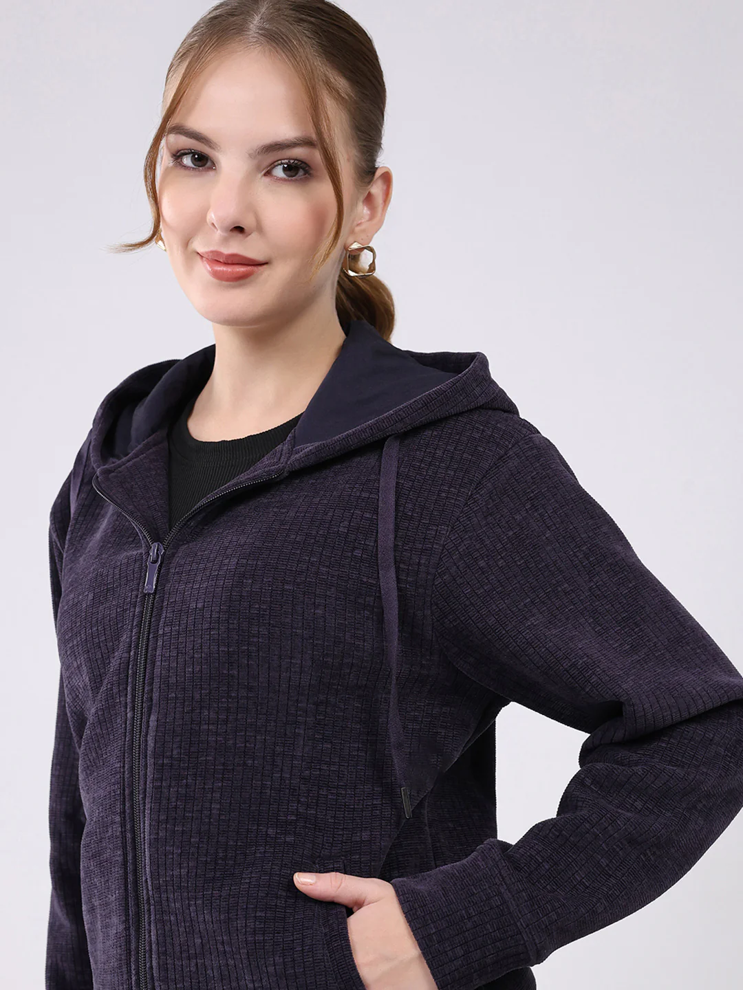 Women Purple Self Design Hooded Full Sleeve Sweatshirt - Image 6