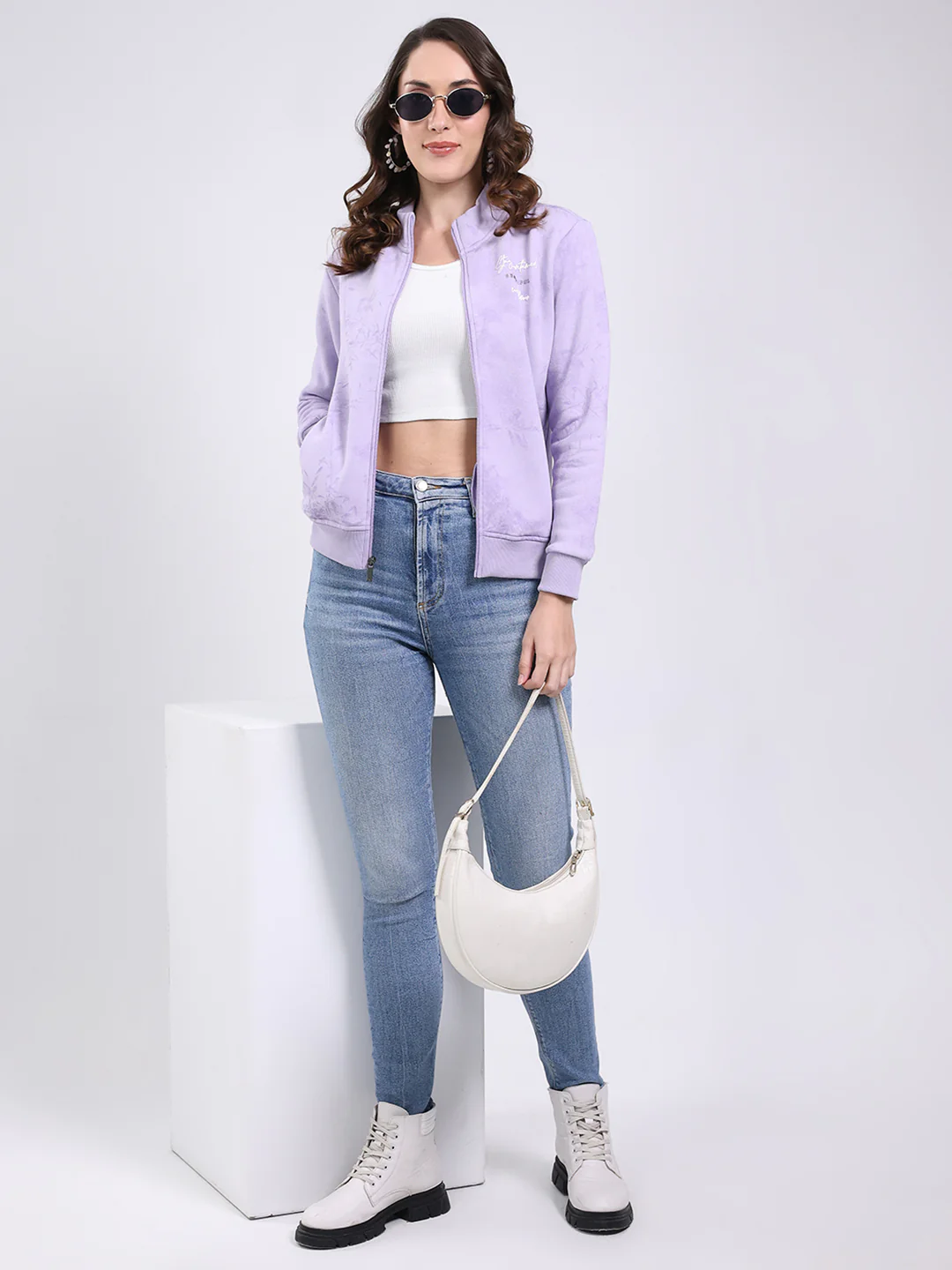 Women Purple Self Design Mock Neck Full Sleeve Sweatshirt - Image 2