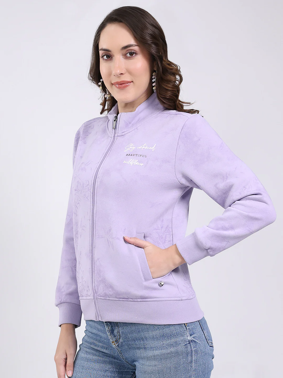 Women Purple Self Design Mock Neck Full Sleeve Sweatshirt - Image 3