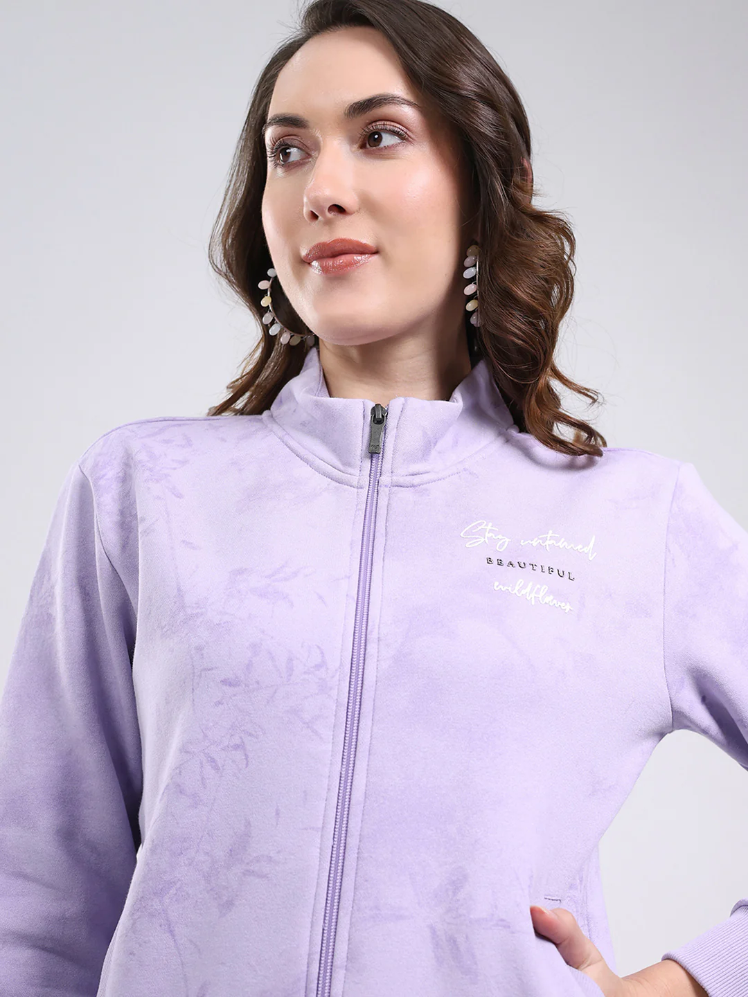Women Purple Self Design Mock Neck Full Sleeve Sweatshirt - Image 6