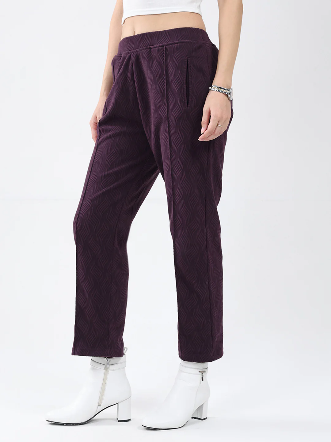 Women Purple Self Design Regular Fit Winter Lower - Image 3