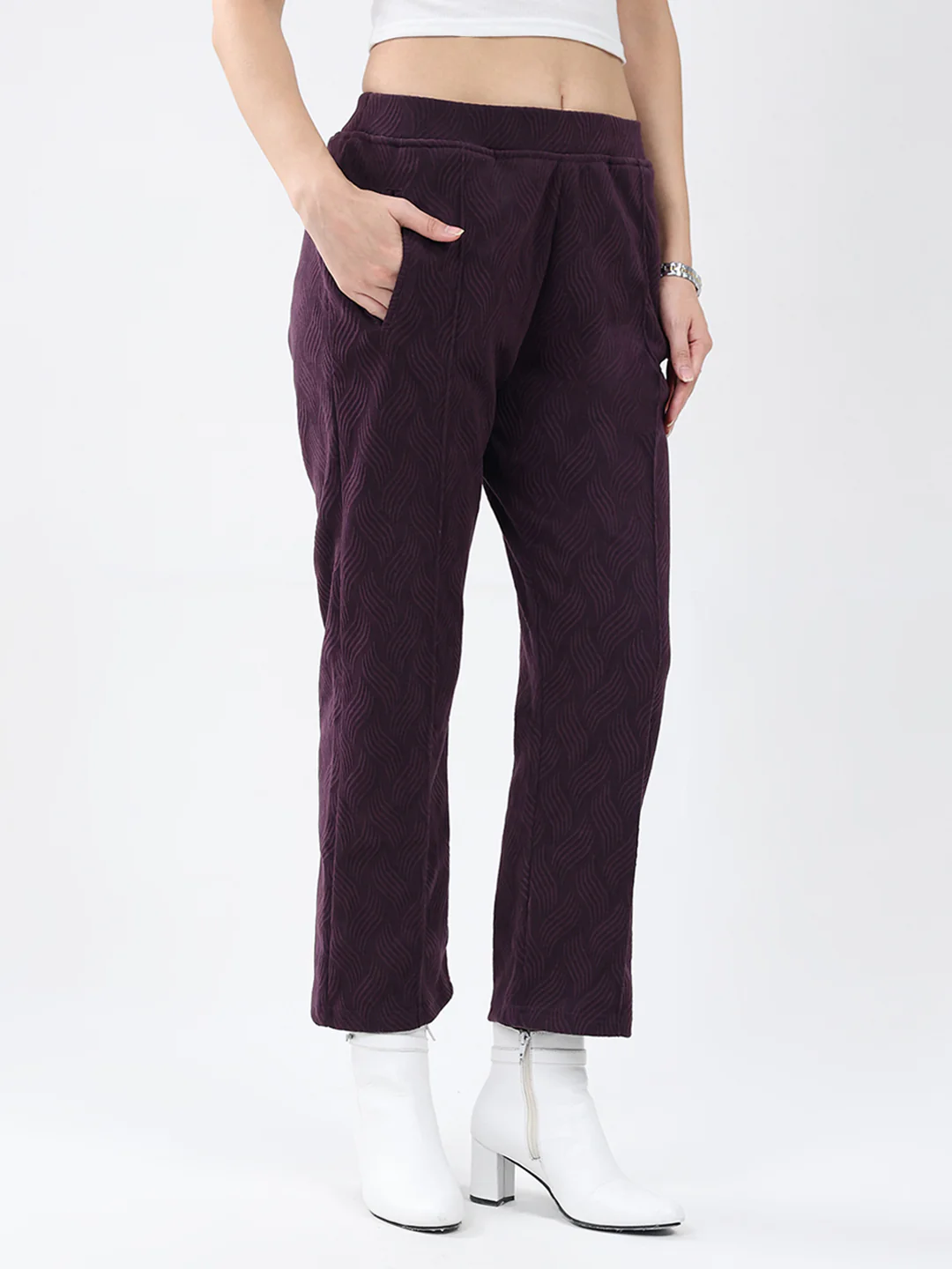 Women Purple Self Design Regular Fit Winter Lower - Image 4
