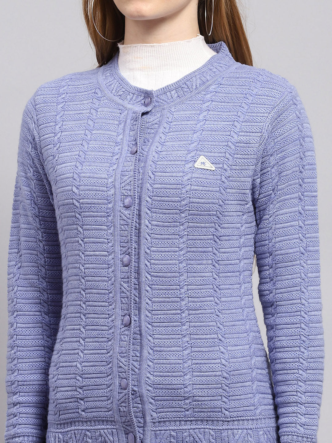 Women Purple Self Design Round Neck Full Sleeve Cardigan - Image 6