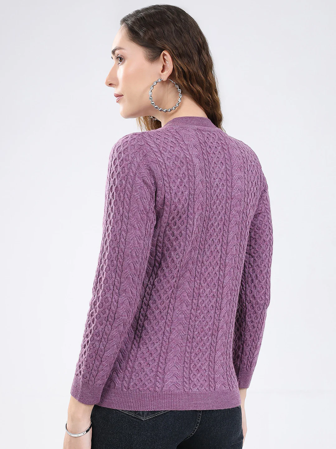Women Purple Self Design Round Neck Full Sleeve Cardigan - Image 5