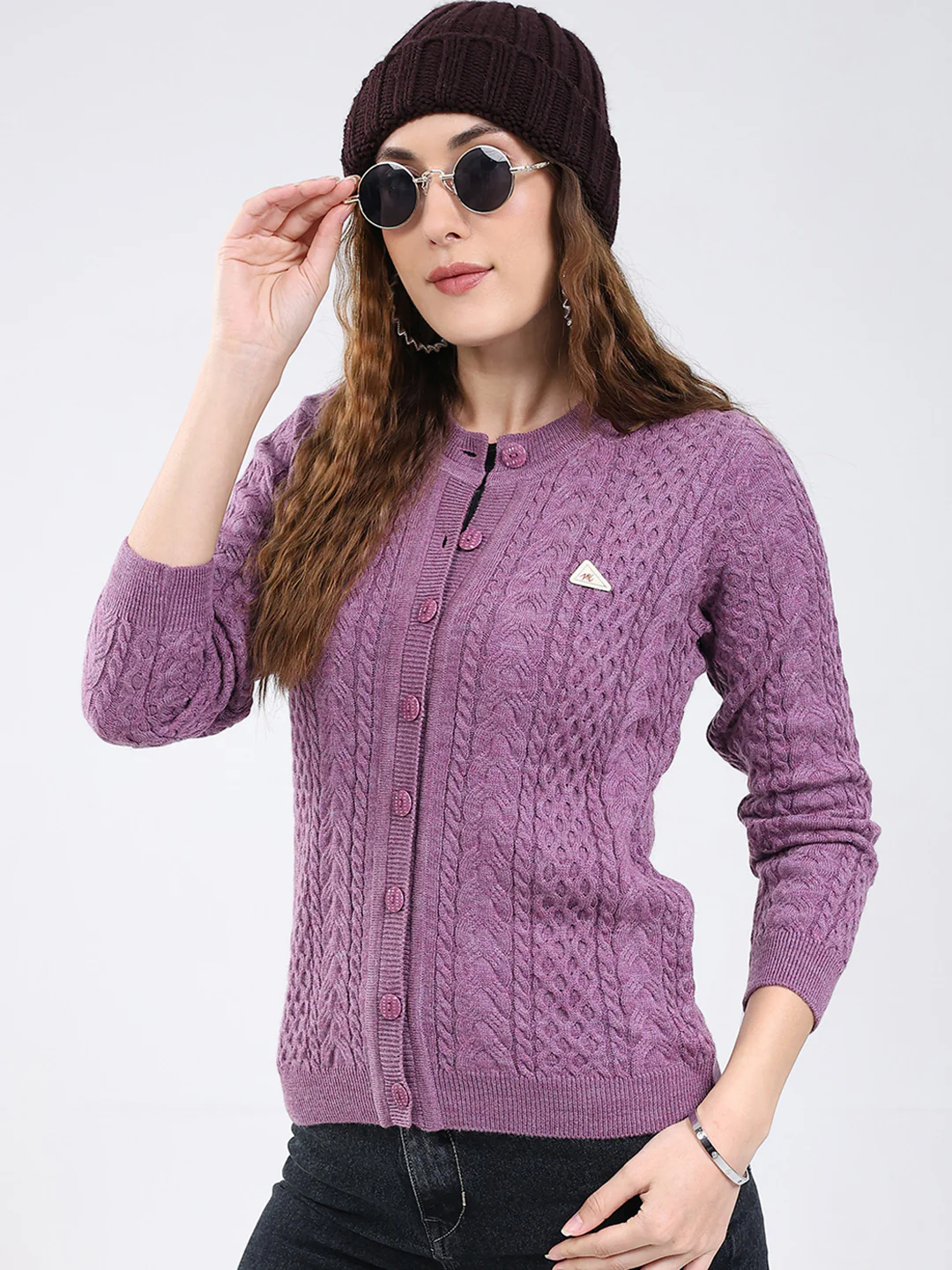 Women Purple Self Design Round Neck Full Sleeve Cardigan - Image 6