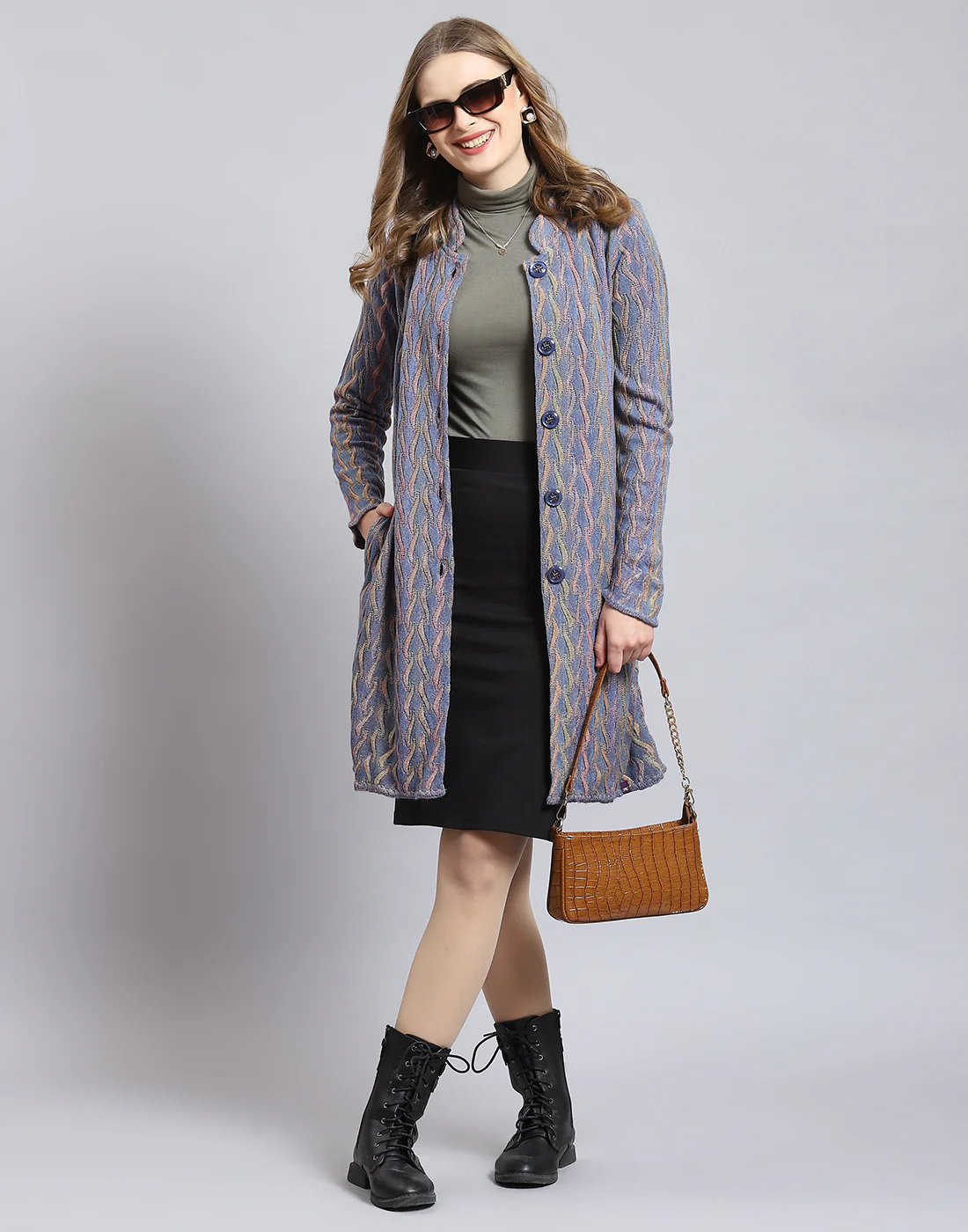 Women Purple Self Design Round Neck Full Sleeve Coat - Image 2