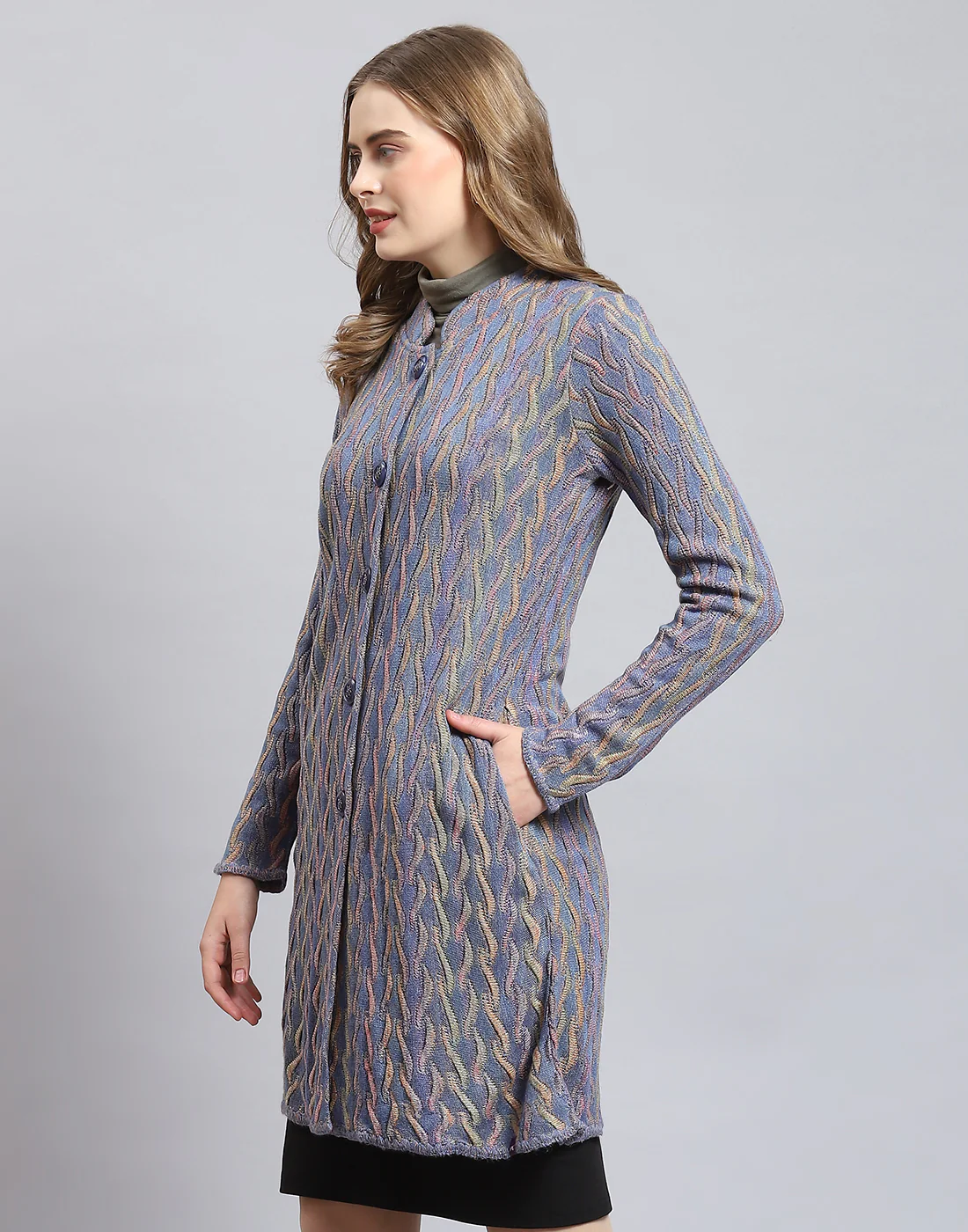 Women Purple Self Design Round Neck Full Sleeve Coat - Image 3