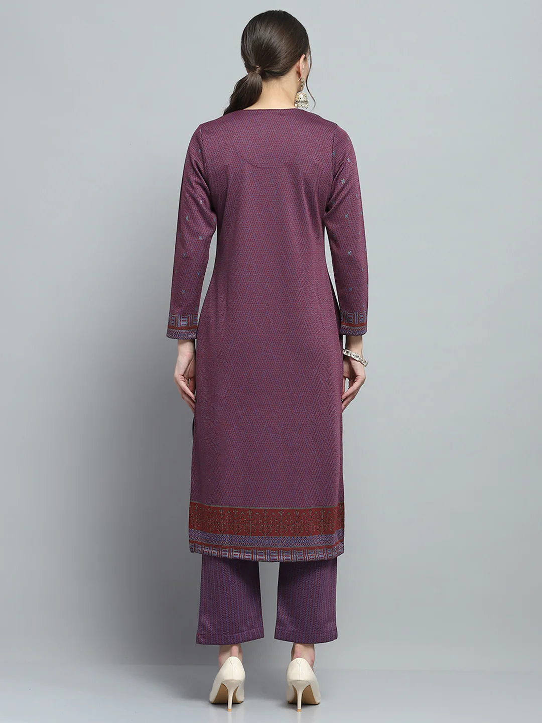 Women Purple Self Design Round Neck Full Sleeve Kurti Set for Winter - Image 2