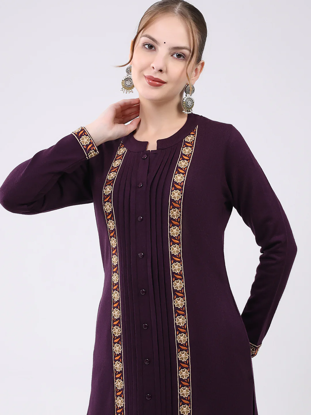 Women Purple Self Design Round Neck Full Sleeve Kurti Set for Winter - Image 6