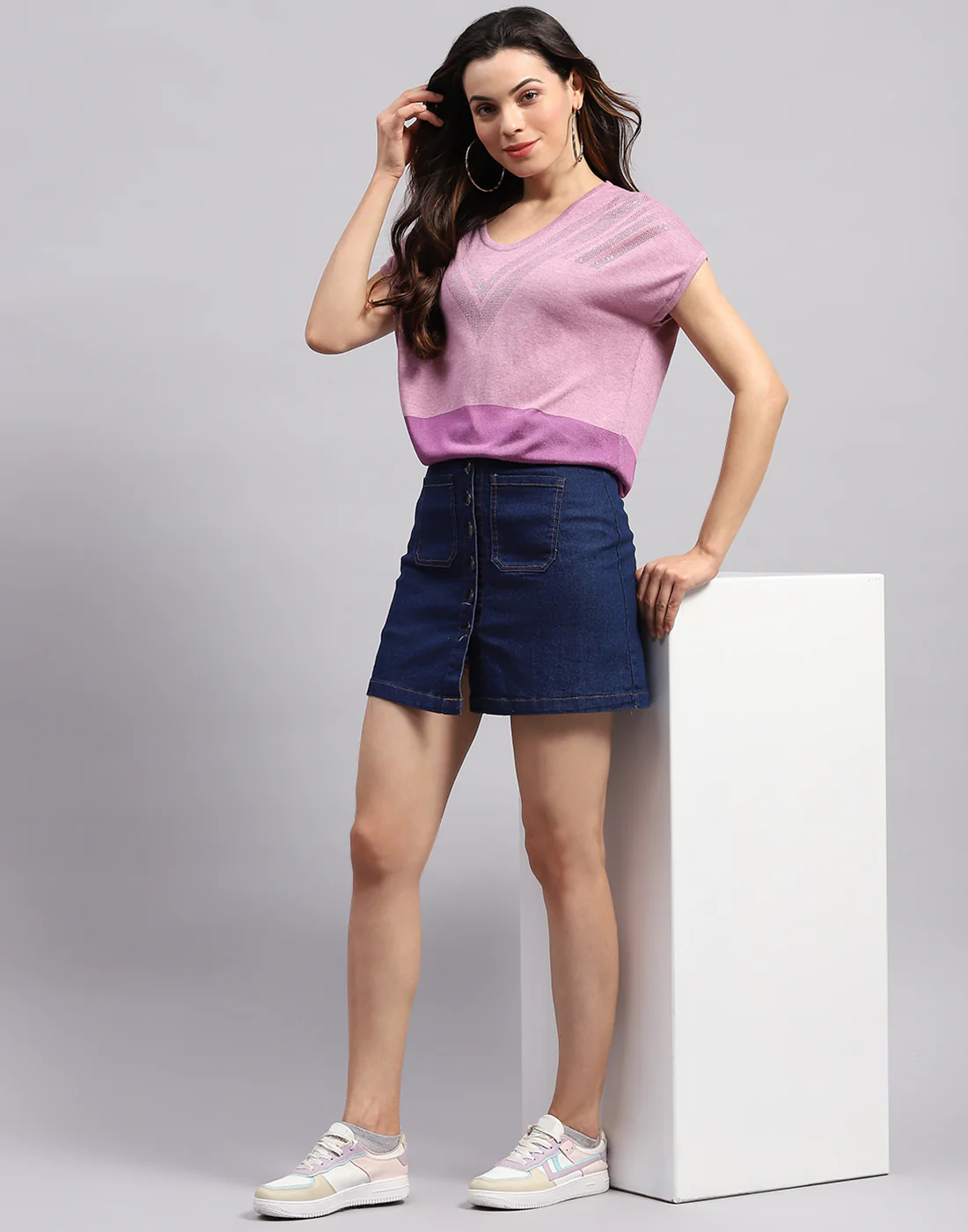 Women Purple Self Design Round Neck Half Sleeve Top - Image 2