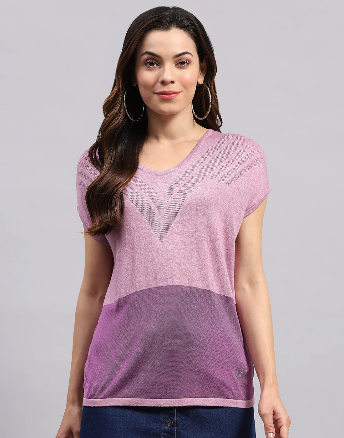 Women Purple Self Design Round Neck Half Sleeve Top - Image 3
