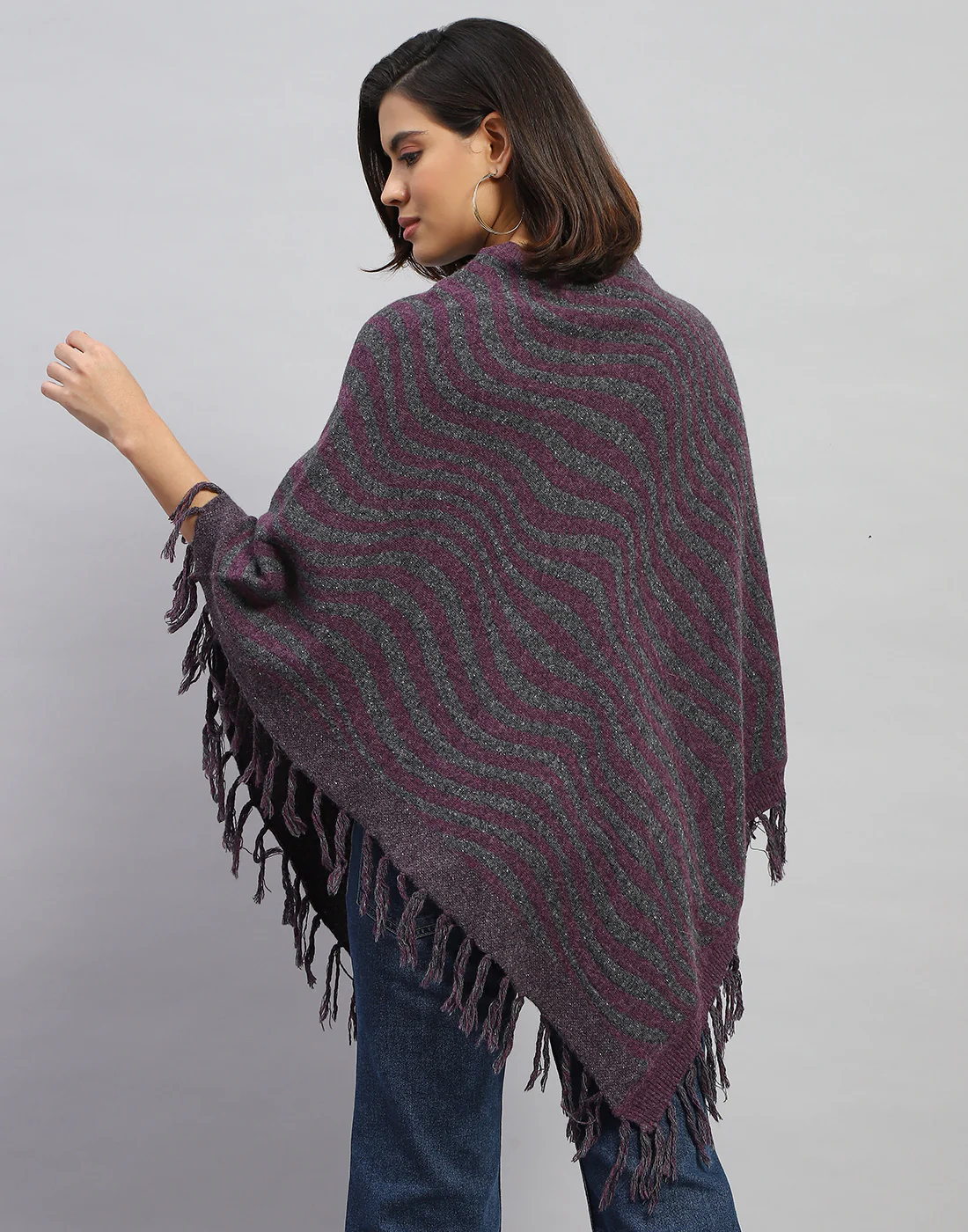 Women Purple Self Design Round Neck  Poncho - Image 5