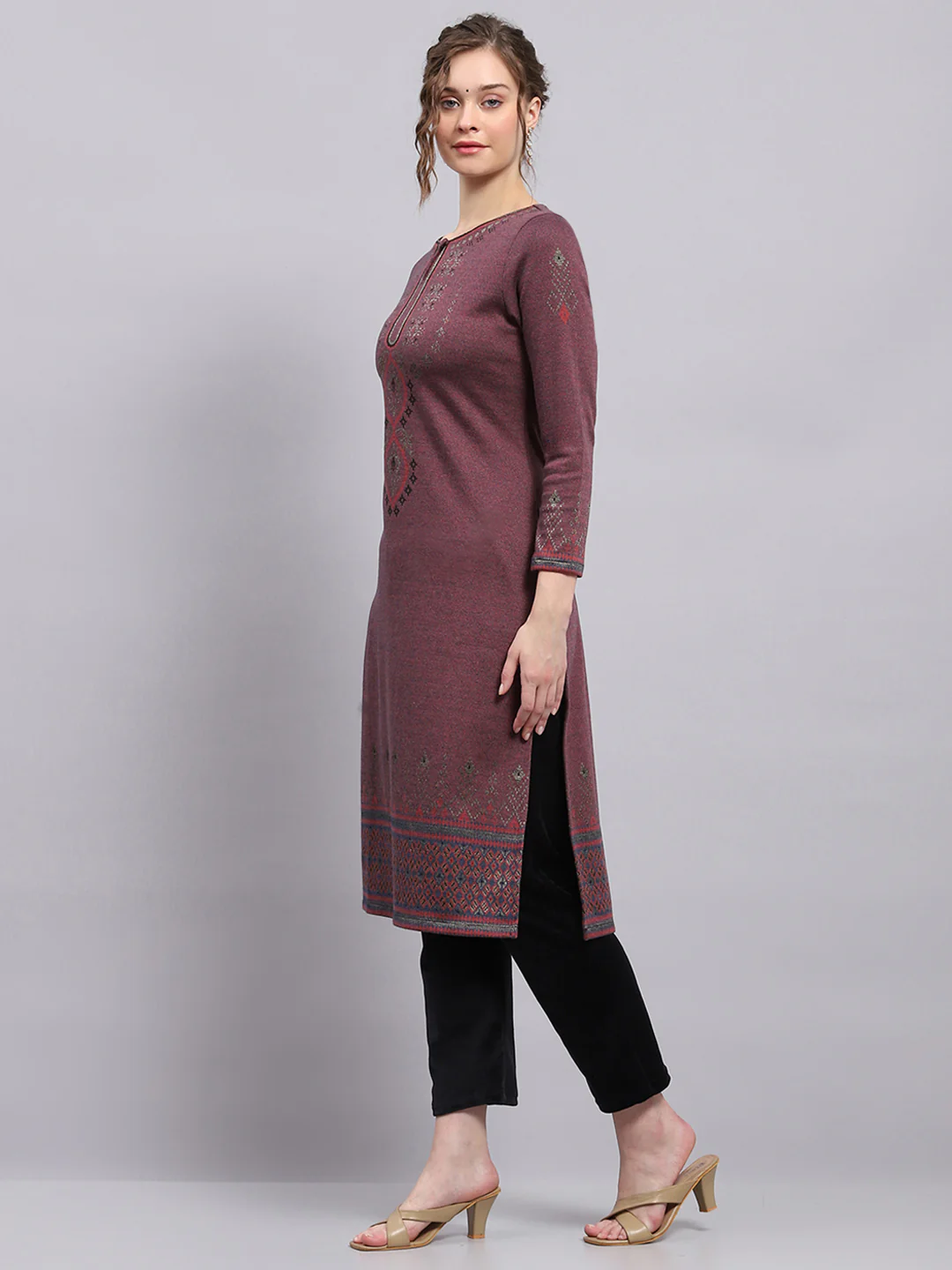 Women Purple Self Design Round Neck 3/4th Sleeve Winter Kurti - Image 3